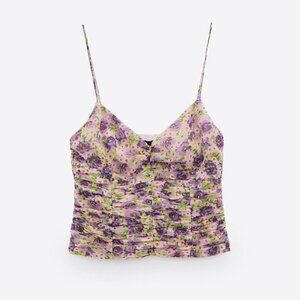 NWT Zara multicoloured floral draped ruched V-neck crop top, XS